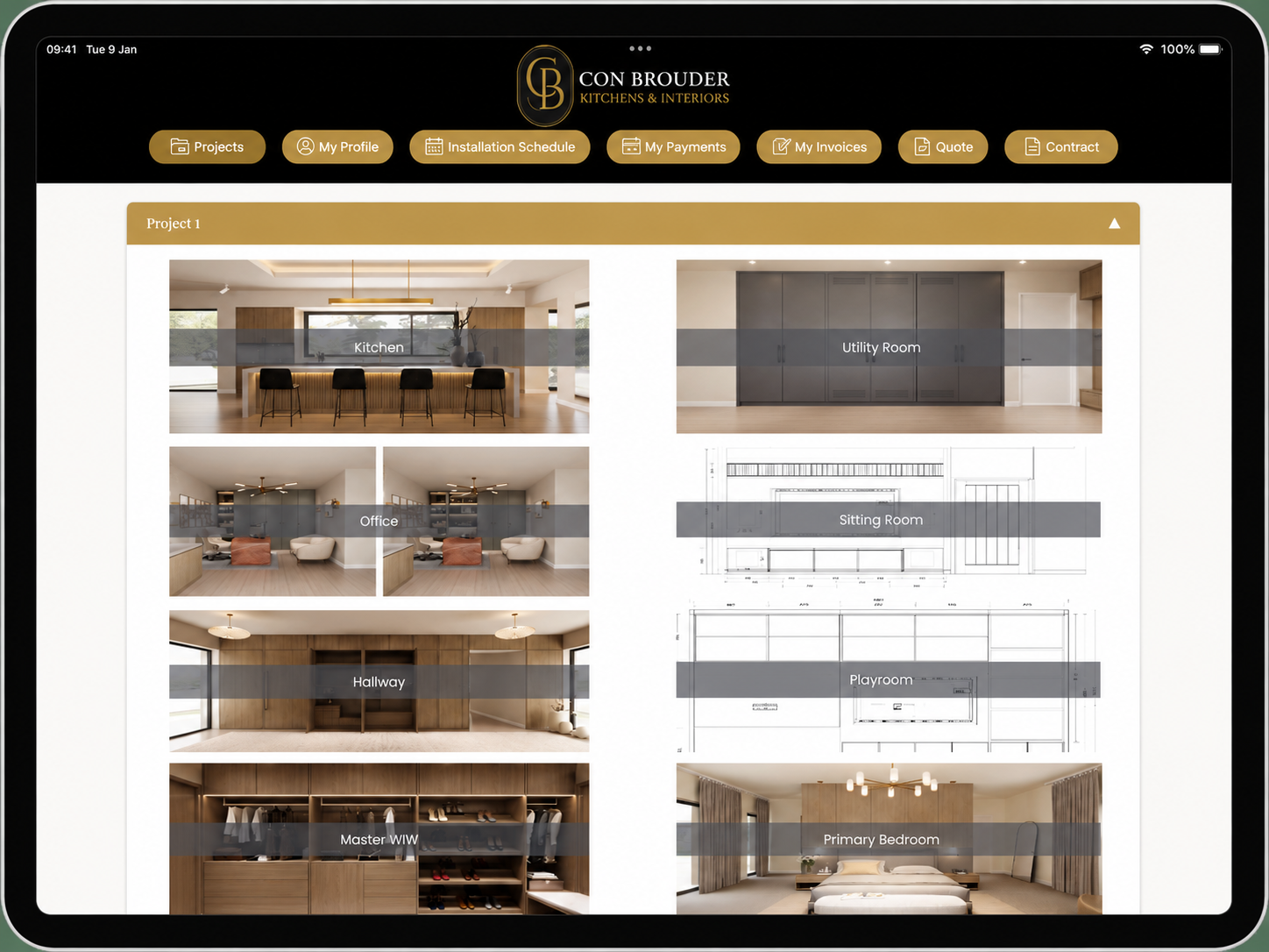 The Con Brouder client portal on iPad - projects, schedule, quotes and payments