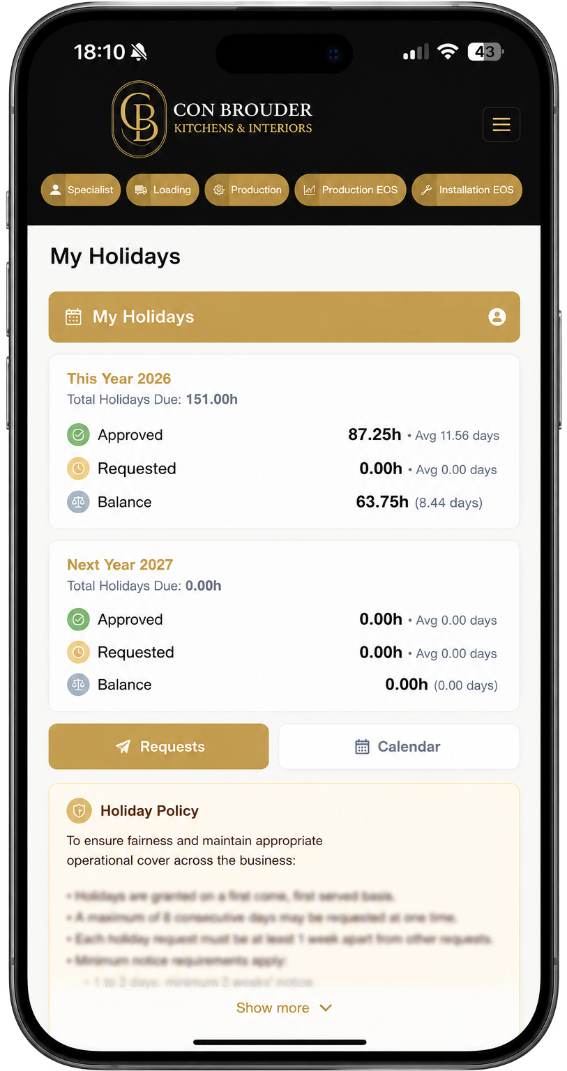 The Con Brouder team app on iPhone - holidays, HR and live project information